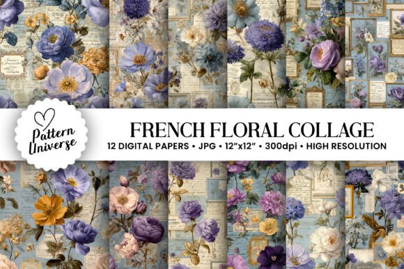 Download French Floral Collage Digital Papers - Digital paper Collection