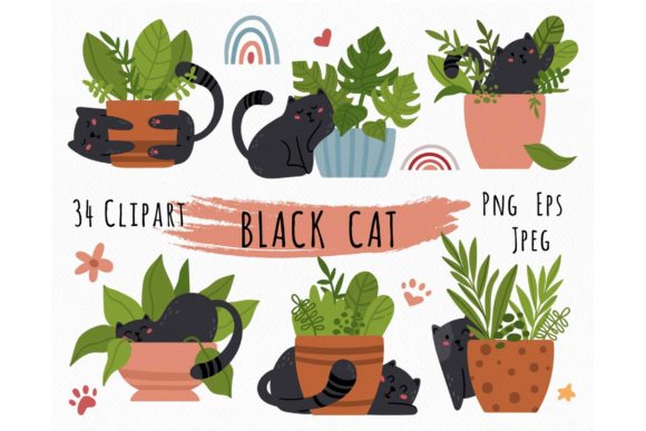 Download Cute Cartoon Black Cat PNG Clip Art Set - Clip art set Collection