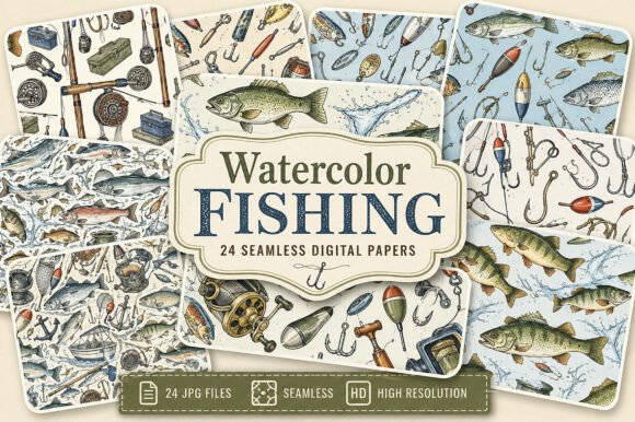 Download Watercolor Fishing Digital Paper - Digital paper Collection