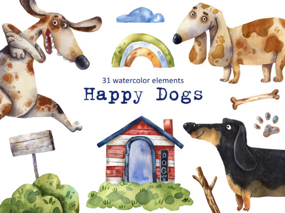 Download Happy Dogs - Watercolor Clip Art Set - Clip art set Collection